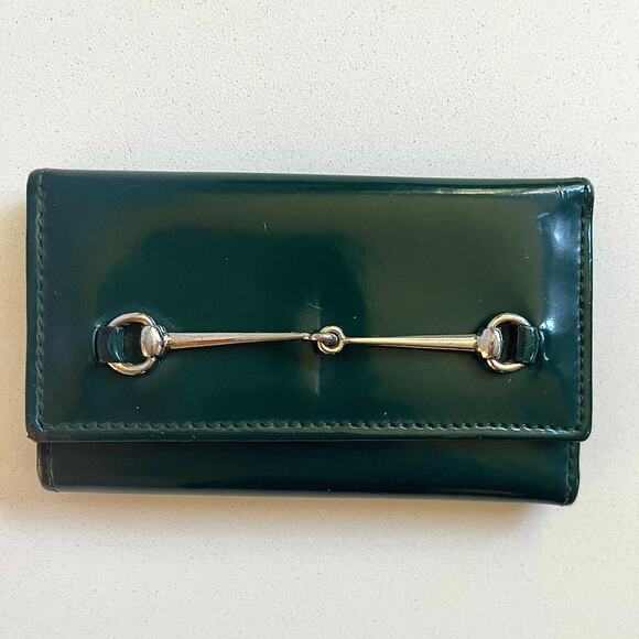 GUCCI Silver Horsebit, Dark Green Patent Leather, Key & Card Case Holder, LUXURY - Picture 1 of 5